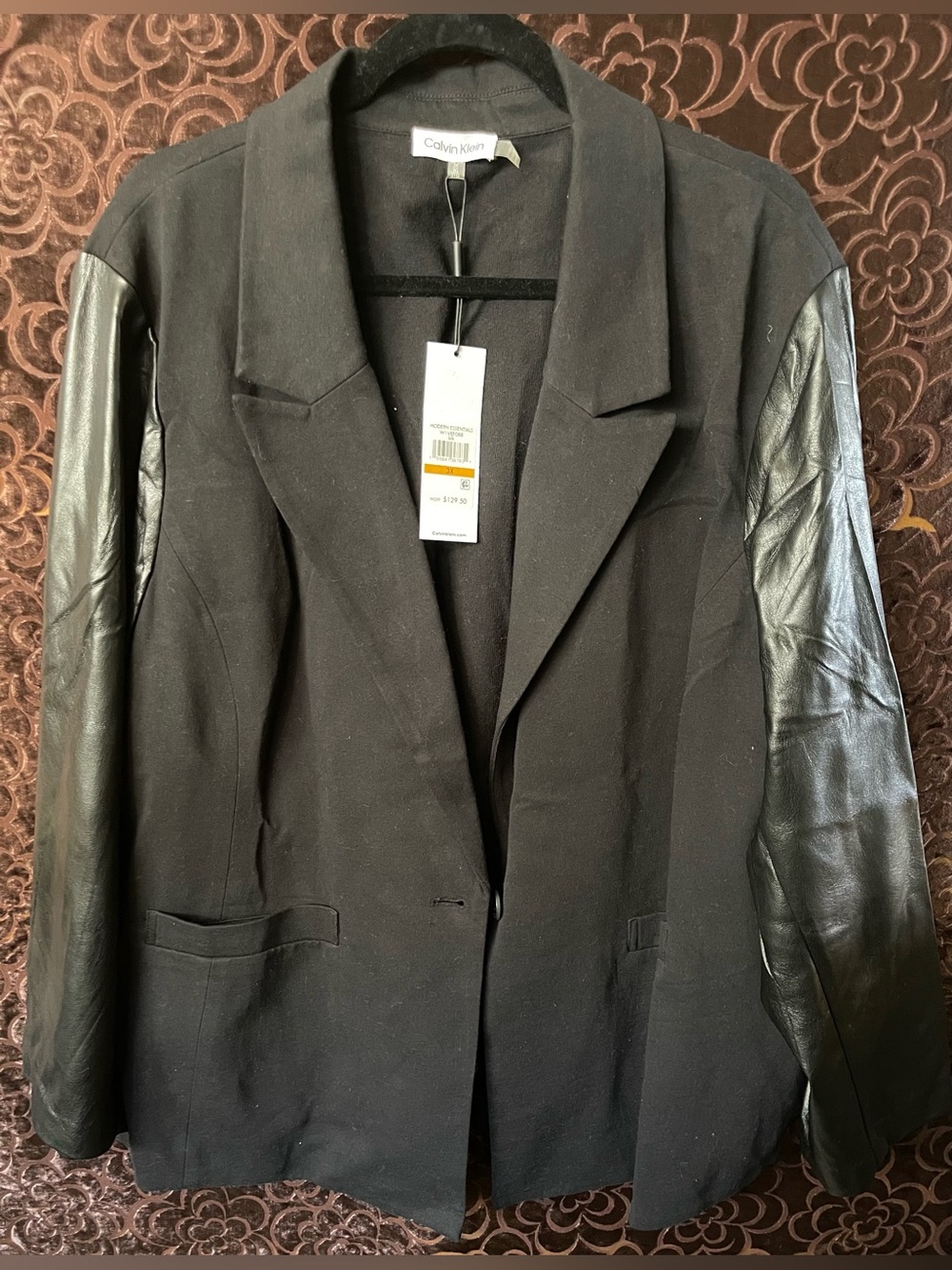 Calvin Klein Black Blazer with Faux Leather-Accent Sleeves NEW 3X